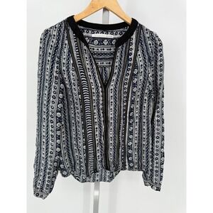 Veronica Beard Blouse Navy‎ White Patterned Long Sleeve V Neck Top